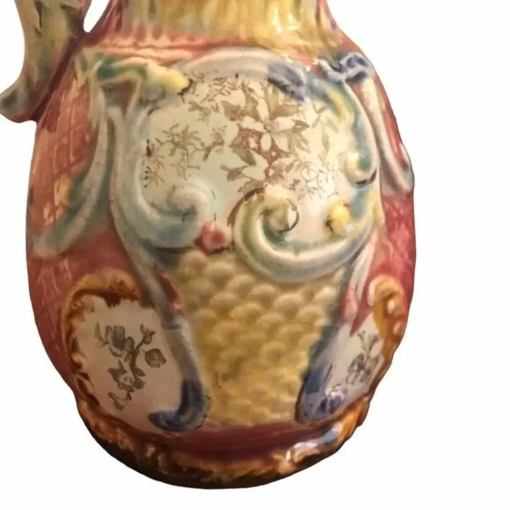 Majolica Ewer Ceramic Floral Pottery Vase/Pitcher 825 Rose Color Vintage‎